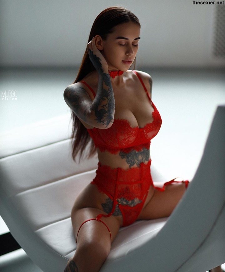 53 hot tattooed brunette in sexy red lingerie swl54